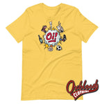 Load image into Gallery viewer, Coloured Oi! T-Shirt - Football Fighting Drinking &amp; Boots By Duck Plunkett Yellow / S
