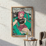 Load image into Gallery viewer, The image is a framed poster featuring a stylized illustration of a woman with pink hair and a black and white checkered patterned skirt, sitting in a car. The poster is hanging on a white brick wall, and there is a small table with a plant and some books in front of it.
