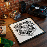 Load image into Gallery viewer, a framed artwork depicting a ship surrounded by various symbols and text, placed on a wooden surface next to a record player and other music-related items.
