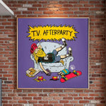 Cargar imagen en el visor de la galería, a dining area with a table and chairs, a large TV poster on the wall, and a brick wall in the background.
