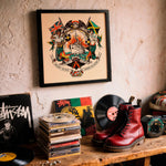 Lade das Bild in den Galerie-Viewer, a wooden shelf with various items, including a framed picture, CDs, a stack of records, and a pair of red boots.
