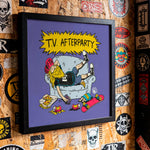 Cargar imagen en el visor de la galería, a wall covered in various stickers, posters, and graffiti, including a framed cartoon illustration of a person sitting on a couch with skateboards around them.
