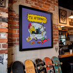 Cargar imagen en el visor de la galería, a framed cartoon-style illustration of a person lying on a couch with a skateboard, surrounded by various skateboards.
