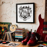 Load image into Gallery viewer, a collection of music-related items, including a framed print, a stack of CDs, a pair of red boots, and a red electric guitar, all set against a white wall.
