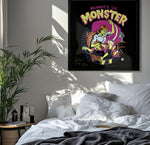 Load image into Gallery viewer, a bedroom scene with a bed, a nightstand, and a framed poster on the wall. The poster depicts a cartoon character, likely a mother's "lil monster", with a child.
