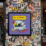 Cargar imagen en el visor de la galería, a wall covered in a collage of various stickers, posters, and graffiti, creating a visually busy and eclectic appearance.
