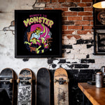 Load image into Gallery viewer, a framed poster of a cartoon monster with a skateboard in the foreground.
