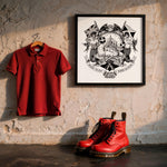 Load image into Gallery viewer, a red polo shirt hanging on a wall next to a framed artwork depicting a ship and a woman, with a pair of red boots placed in front of the artwork.
