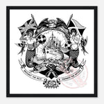 Load image into Gallery viewer, The image is a framed artwork featuring a black and white illustration of two mermaids, a ship, and various symbols and text.
