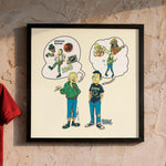 Lade das Bild in den Galerie-Viewer, a red polo shirt hanging on a wall next to a framed illustration of two cartoon characters, one of whom is holding a guitar. Below the illustration, there is a pair of red boots placed on the floor.
