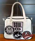 Cargar imagen en el visor de la galería, Black &amp; White Northern Soul Handbag - Maria Style Hand-Stitched Motown Clothing
