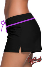 Load image into Gallery viewer, Black Womens Swimming Boardshort - Violet Strap Trim Shorts
