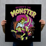 Load image into Gallery viewer, a woman holding a child, with the child appearing to be in distress or fear. The woman is wearing a white shirt and is positioned in front of a dark background. The title "Mommy's 'Lil Monster'" is prominently displayed above the illustration.
