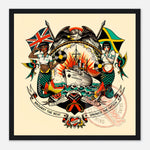 Lade das Bild in den Galerie-Viewer, The image is a framed artwork featuring a mermaid, a pirate ship, and two women, all surrounded by various symbols and text.
