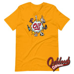 Cargar imagen en el visor de la galería, Coloured Oi! T-Shirt - Football Fighting Drinking &amp; Boots By Duck Plunkett Gold / S
