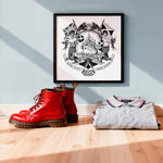 Load image into Gallery viewer, a pair of red boots, a gray polo shirt, and a framed artwork on the wall, all placed on a wooden floor.
