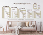 Load image into Gallery viewer, The image is a wall art size guide that provides dimensions for different art sizes, including 2:3, 4:5, 3:4, and 1:1 ratio. The guide is displayed on a wall with a couch and decorative elements, such as a vase and a potted plant, in the background.
