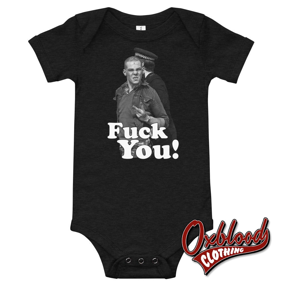 Fuck You Swearing Skinhead Baby Onesie - Two Finger Salute Punk Clothes Uk Dark Grey Heather / 3-6M