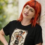 Lade das Bild in den Galerie-Viewer, skinhead girl  wearing a black t-shirt with a graphic design, standing outdoors.
