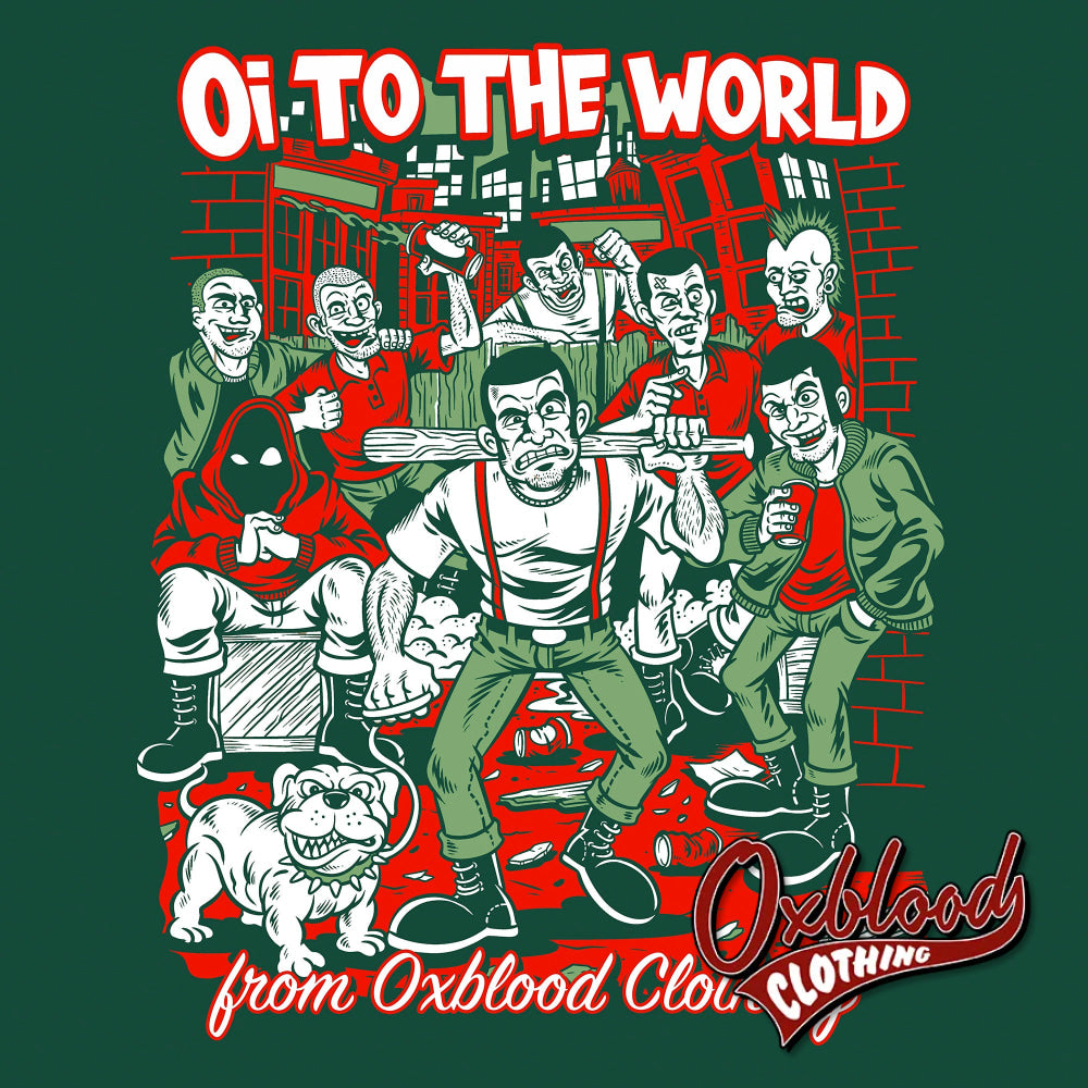 Oi to the World Knitted Pullover Oi Punk Christmas Jumper Goth Pu Oxblood Clothing