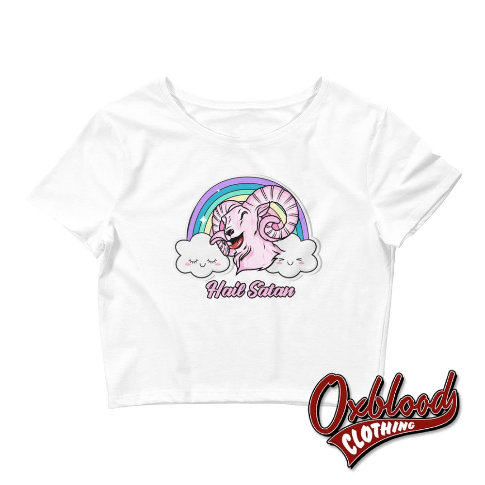 Womens Hail Satan Crop Tee - Baphomet Cute Death Metal Rainbow T-Shirt White / Xs/sm