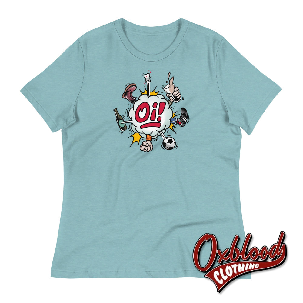 Women’s Oi! T-Shirt - Football Fighting Drinking & Boots By Duck Plunkett Heather Blue Lagoon / S