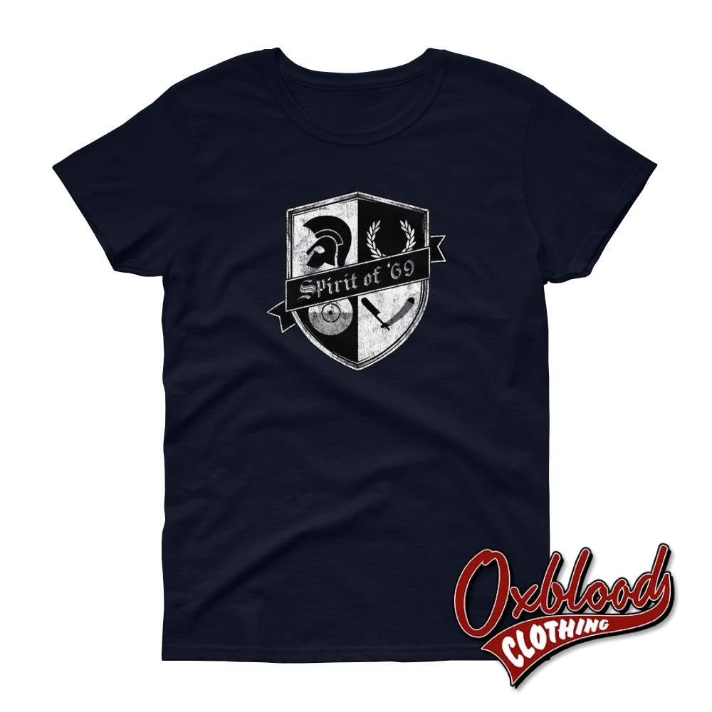 Womens Spirit Of 69 Shield Short Sleeve T-Shirt - Skinhead Crest Reggae Coat Arms Navy / S