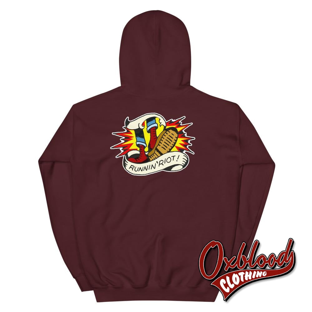 Double-Sided Runnin Riot Hoodie - Rupert Cleaver Oi! Punk & 80S Punk Shirts Skinhead Style Maroon /