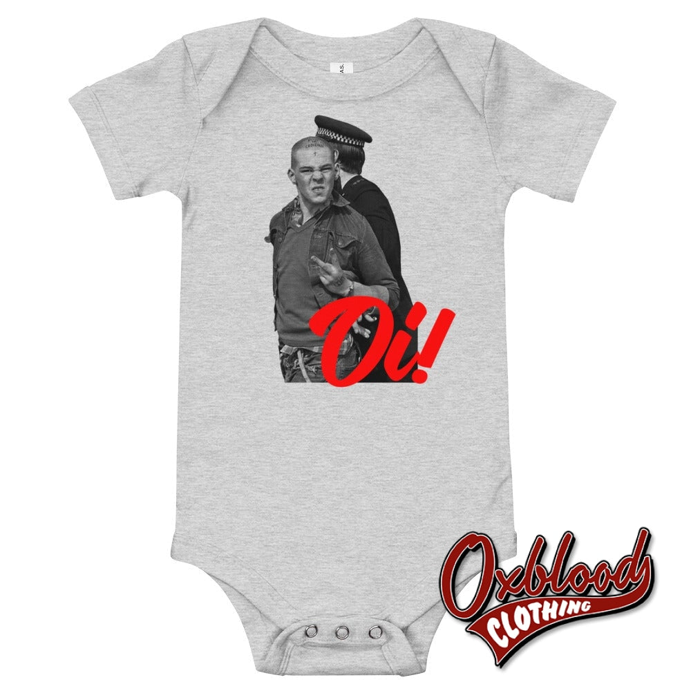 Oi! Swearing Skinhead Baby Onesie - Two Finger Salute Punk Baby Onesies Athletic Heather / 3-6M