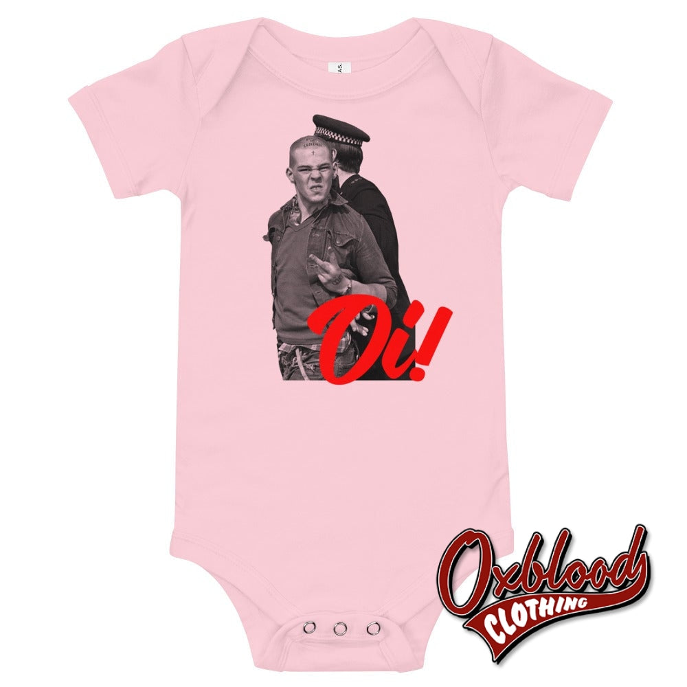 Oi! Swearing Skinhead Baby Onesie - Two Finger Salute Punk Baby Onesies Pink / 3-6M