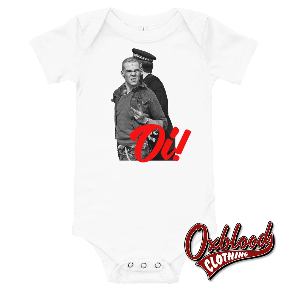 Oi! Swearing Skinhead Baby Onesie - Two Finger Salute Punk Baby Onesies White / 3-6M