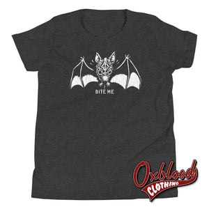 Youth Bite Me Vampire Bat Short Sleeve T-Shirt Dark Grey Heather / S Shirts